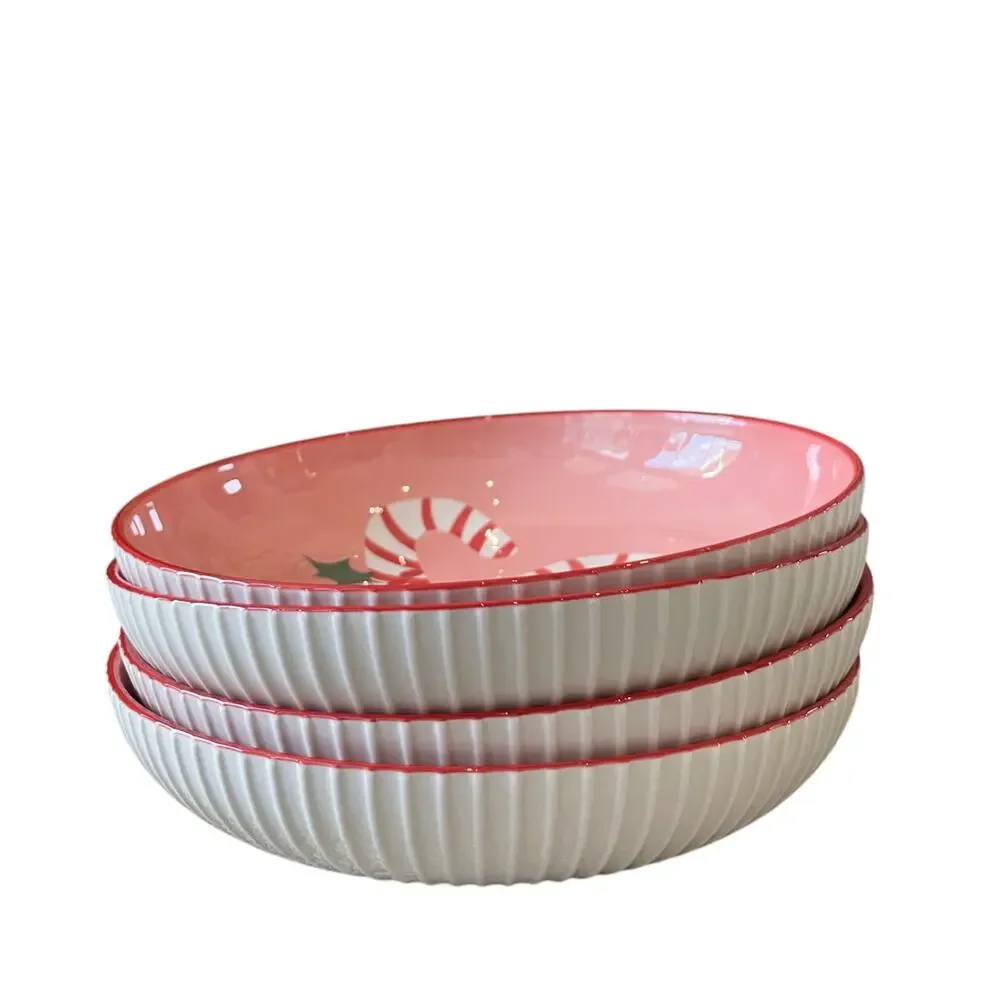 Christmas Candy Cane Dinner Bowl Set of 4 Ceramic Pink Red PrimaDesign Holiday